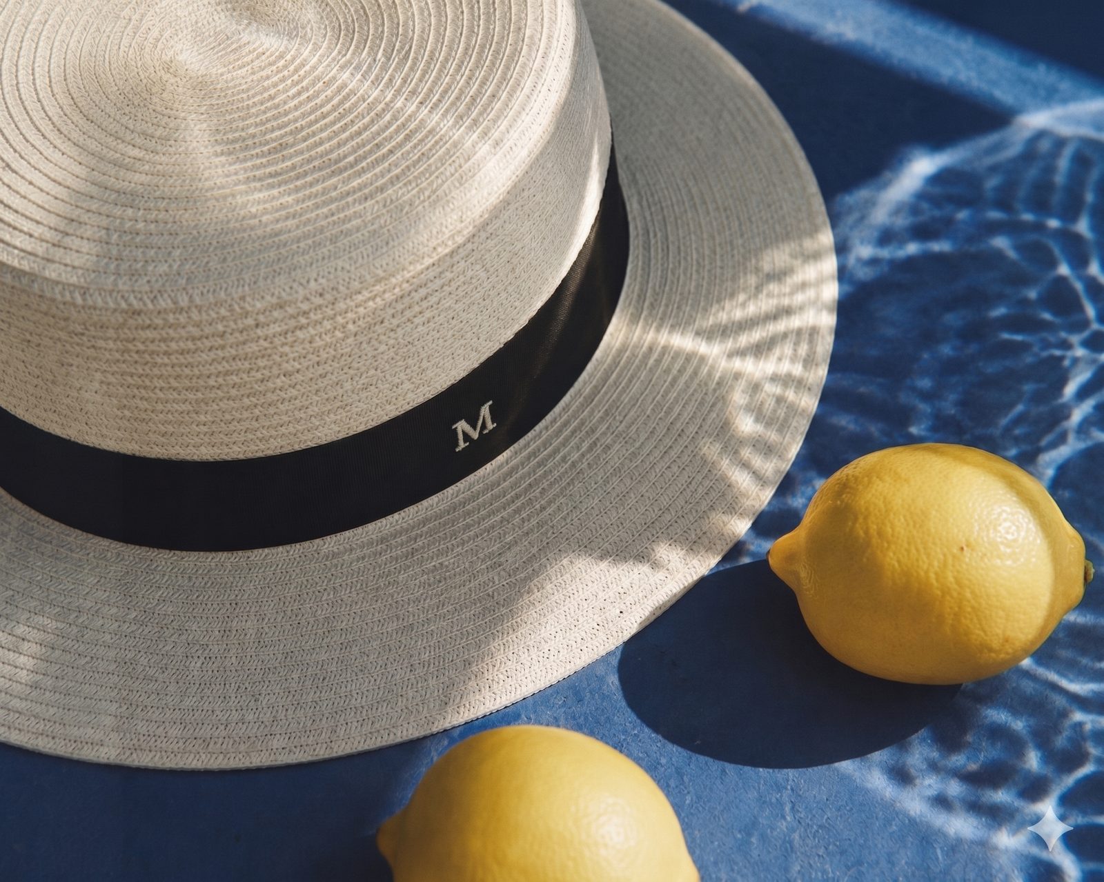 M hat with lemons on blue water surface