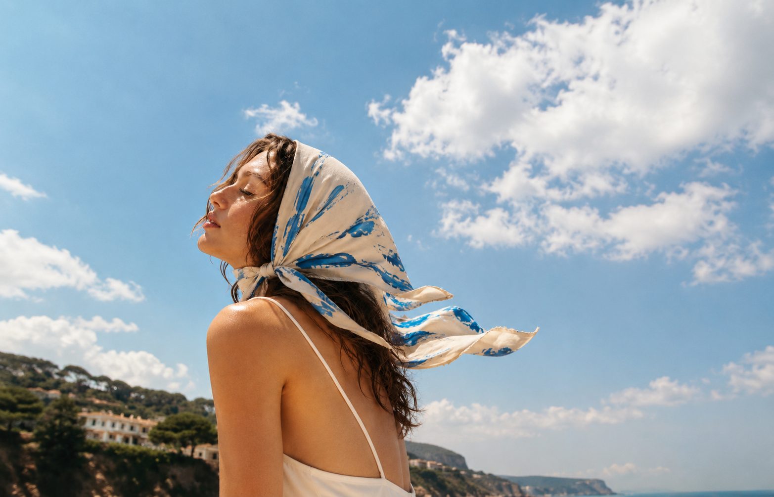 FURORE scarf — worn at sea, Mediterranean light